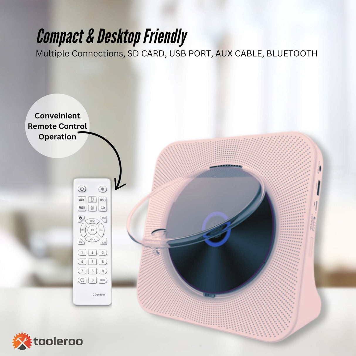 Tooleroo USB Rechargeable Desktop CD Player Speaker ??Bluetooth Portable Pink