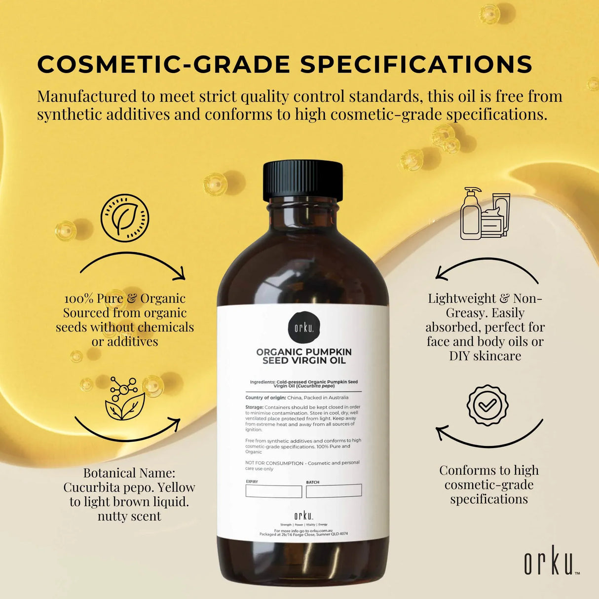 Orku 500ml Organic Pumpkin Seed Oil – Virgin Cold Pressed Unrefined Cosmetic Grade