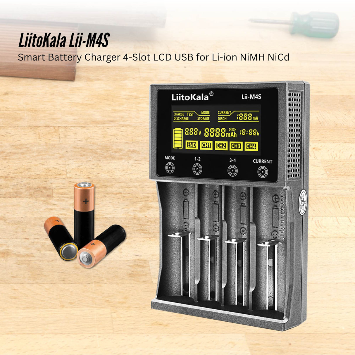 LiitoKala Lii-M4S Battery Charger LCD 4-Slot USB Li-ion NiMH Test Discharge Mode