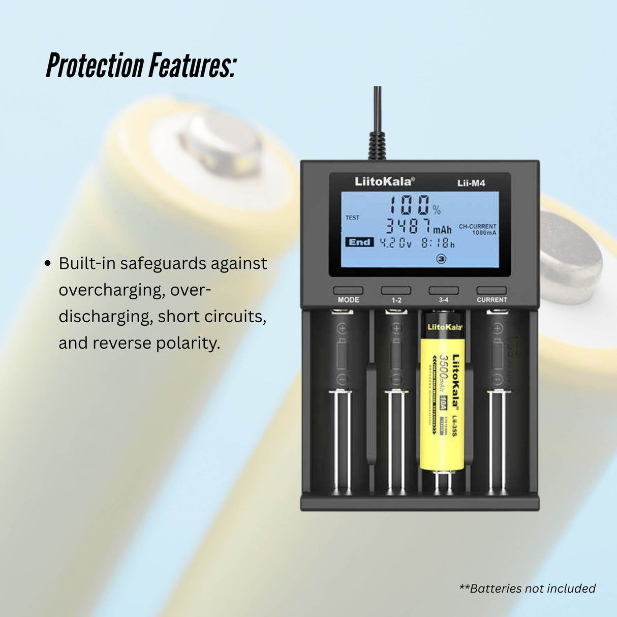 LiitoKala Lii-M4 Smart Battery Charger LCD - 4-Slot USB for 18650 AA AAA Li-ion