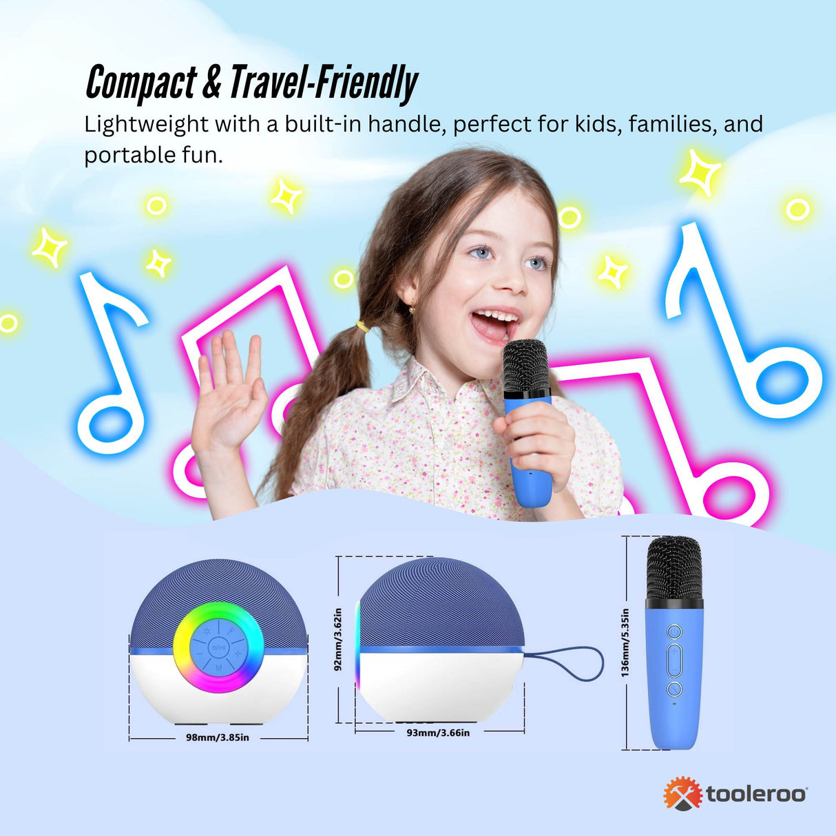 Mini Karaoke Machine and 2x Wireless Microphones Portable Bluetooth Speaker Blue
