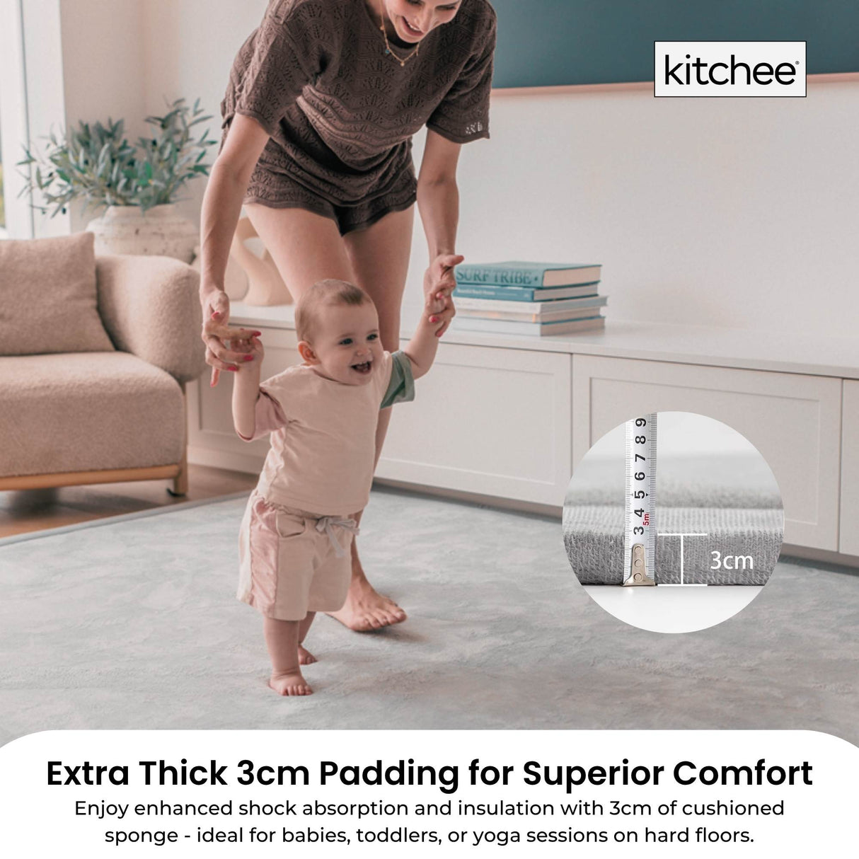 Kitchee Kids Foam Floor Play Mat 150x200cm – Padded Thick Soft Tatami Style Grey