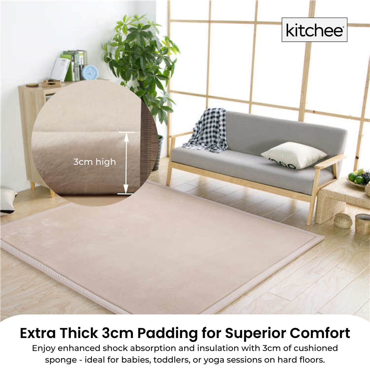 Kitchee Foam Floor Mat 200x200cm - Padded Thick Deep Soft Tatami Style Rug Cream