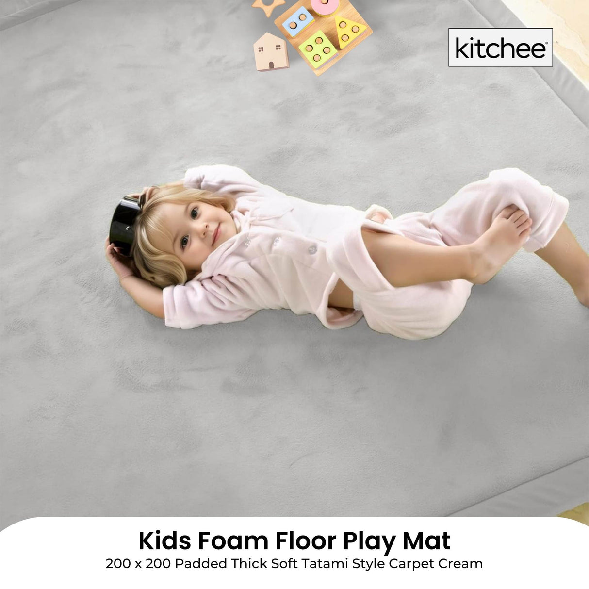 Kitchee Kids Foam Floor Play Mat 200x200cm – Padded Thick Soft Tatami Style Grey
