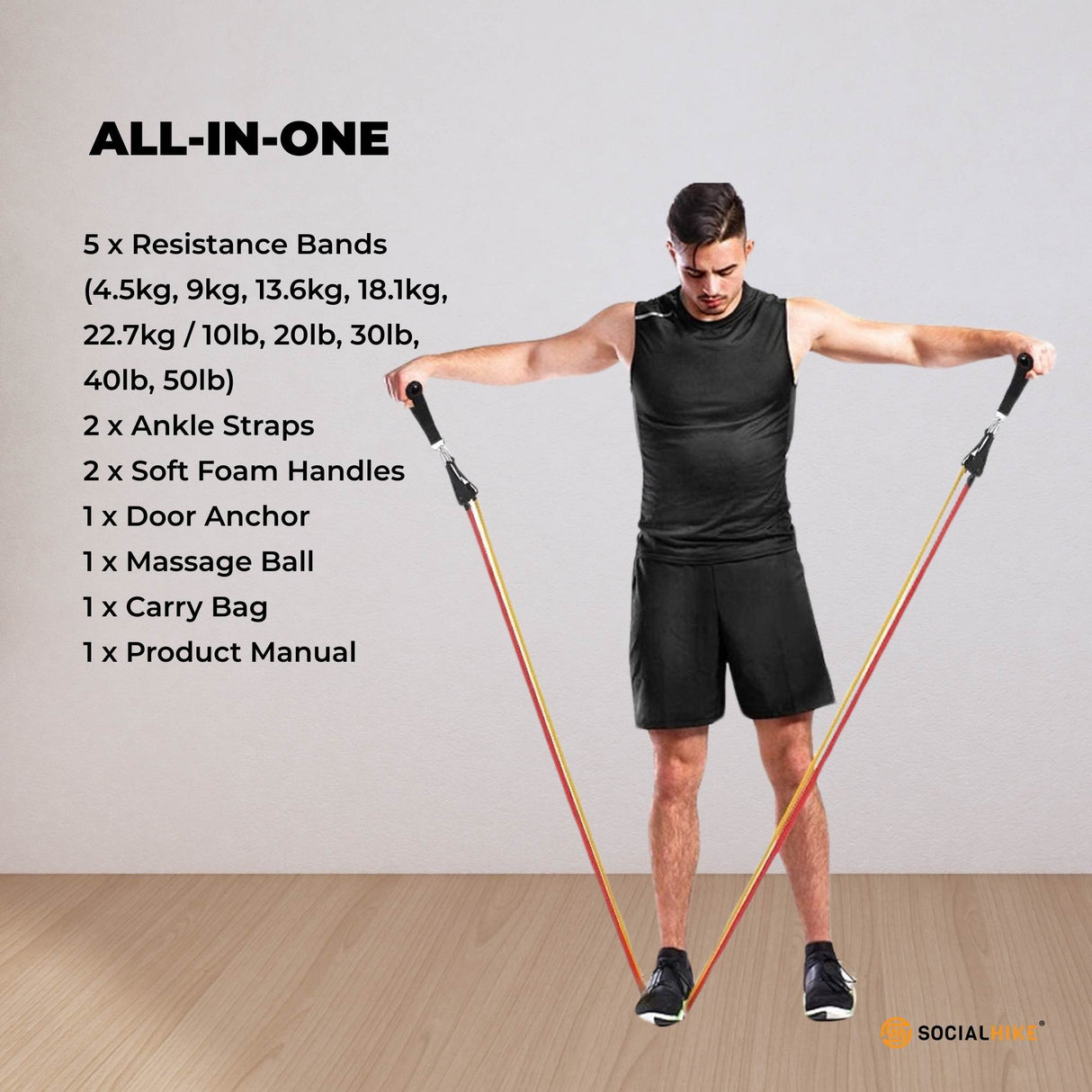 Social Hike Resistance Band Set with Handles - 11pcs Home Workout Kit 4.5-68kg