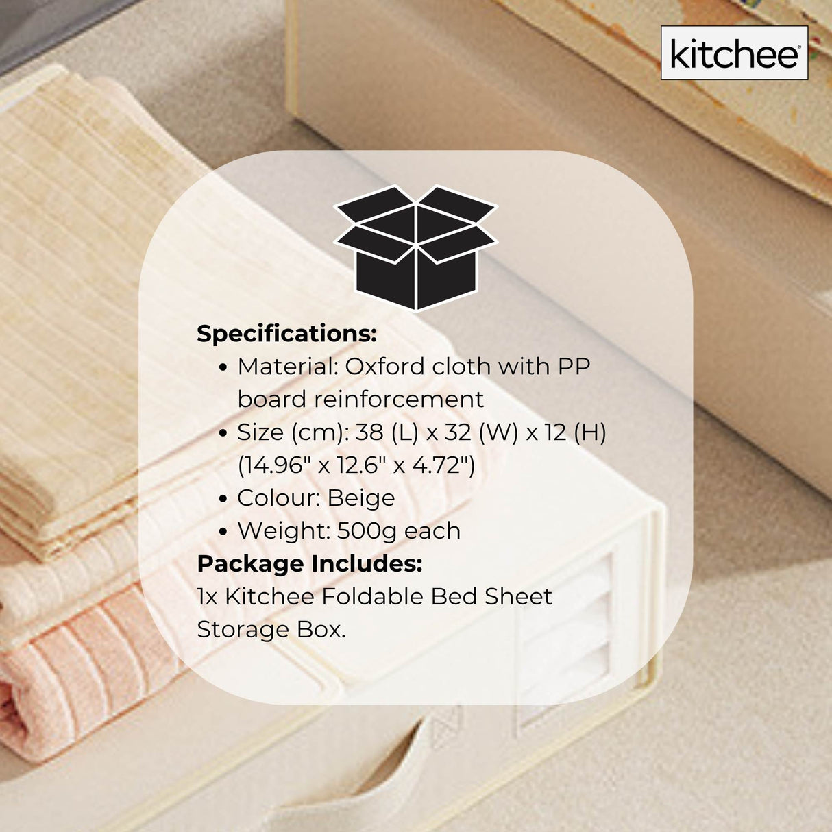 1x Kitchee Foldable Bed Sheet Storage Box – Linen & Closet Organiser Beige