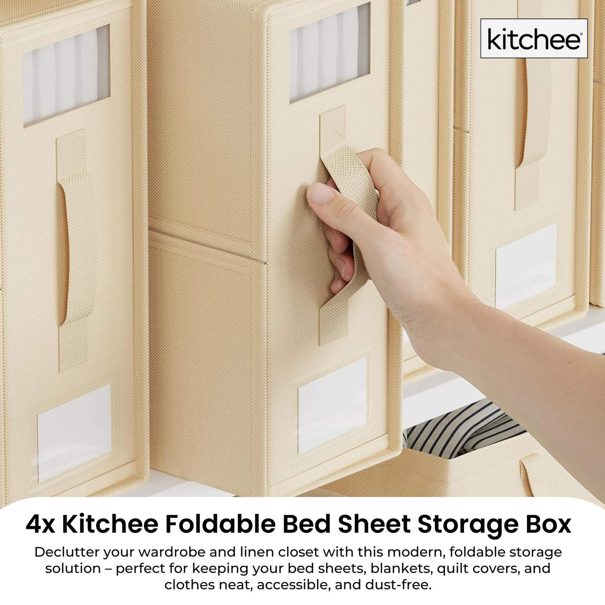 4x Kitchee Foldable Bed Sheet Storage Box – Linen & Closet Organiser Beige