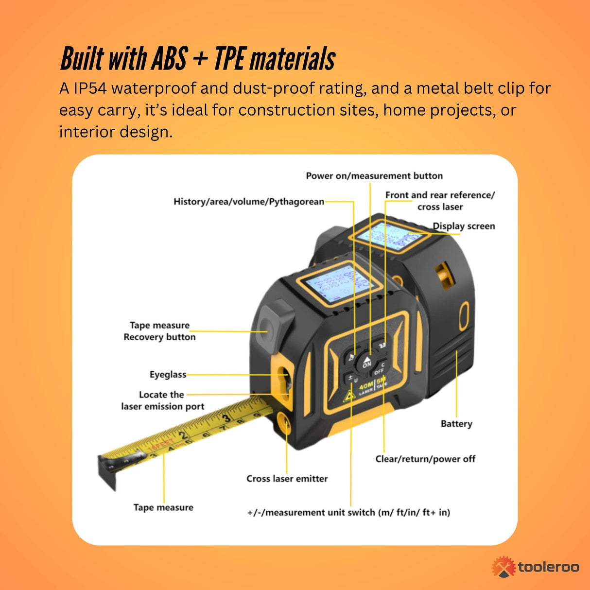 Tooleroo 40m Digital Laser Tape Measure + 5m Steel Tape ??3-in-1 Cross Marking