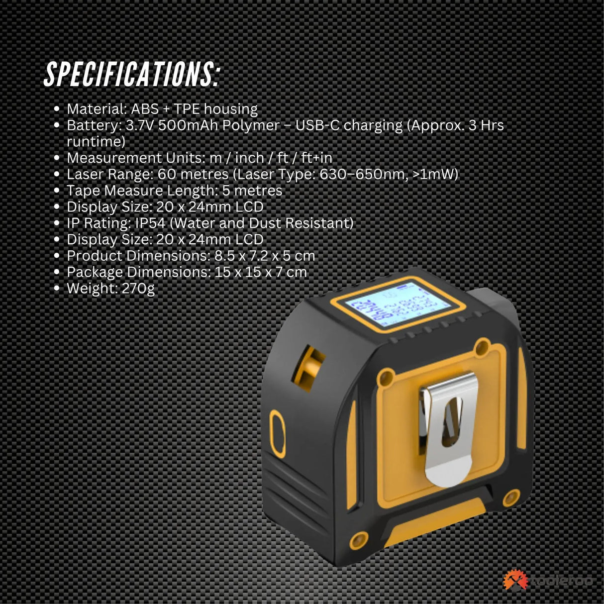 Tooleroo 60m Digital Laser Tape Measure + 5m Steel Tape ??3-in-1 Cross Marking