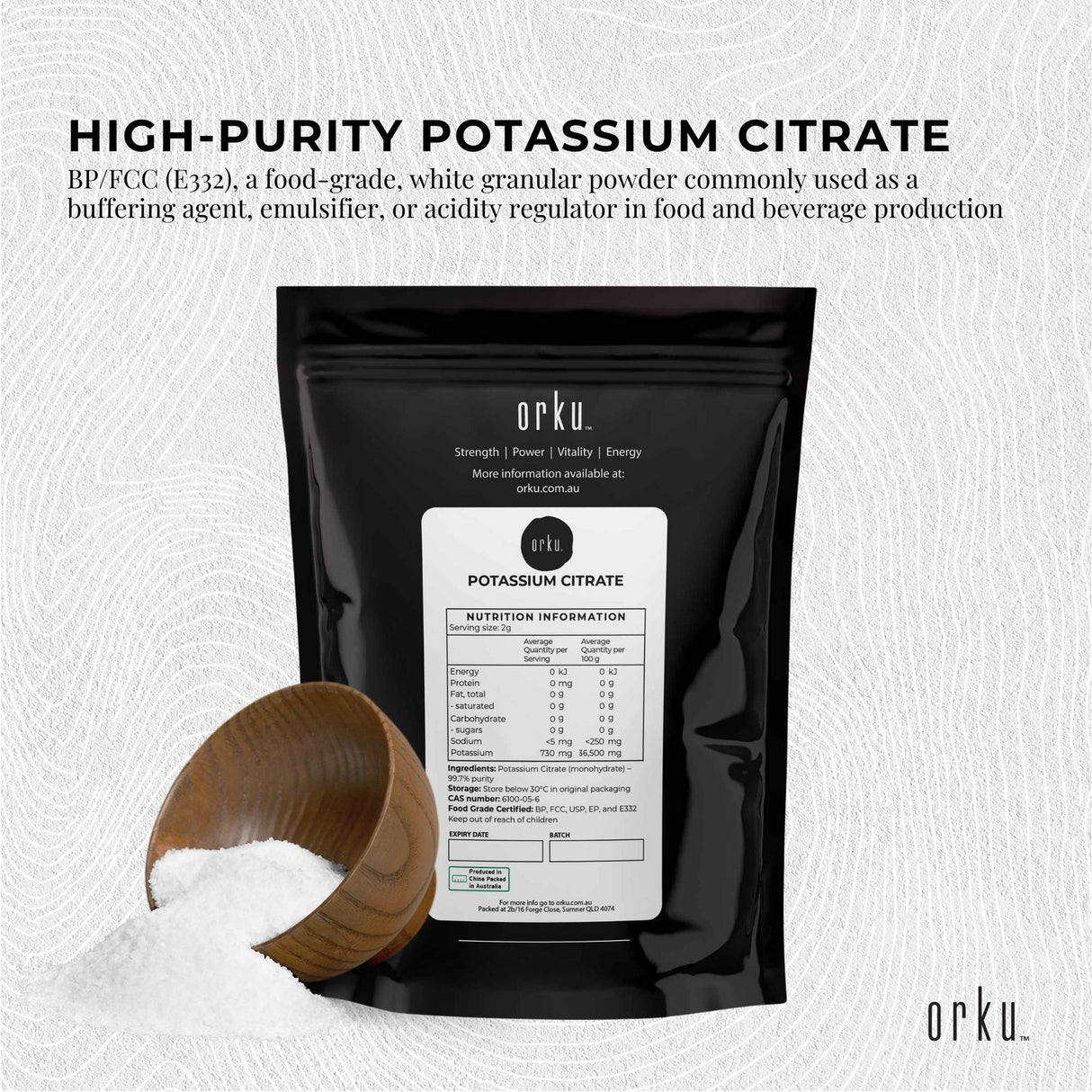 Orku 2Kg Potassium Citrate Food Grade - Granular BP USP FCC E332 Additive