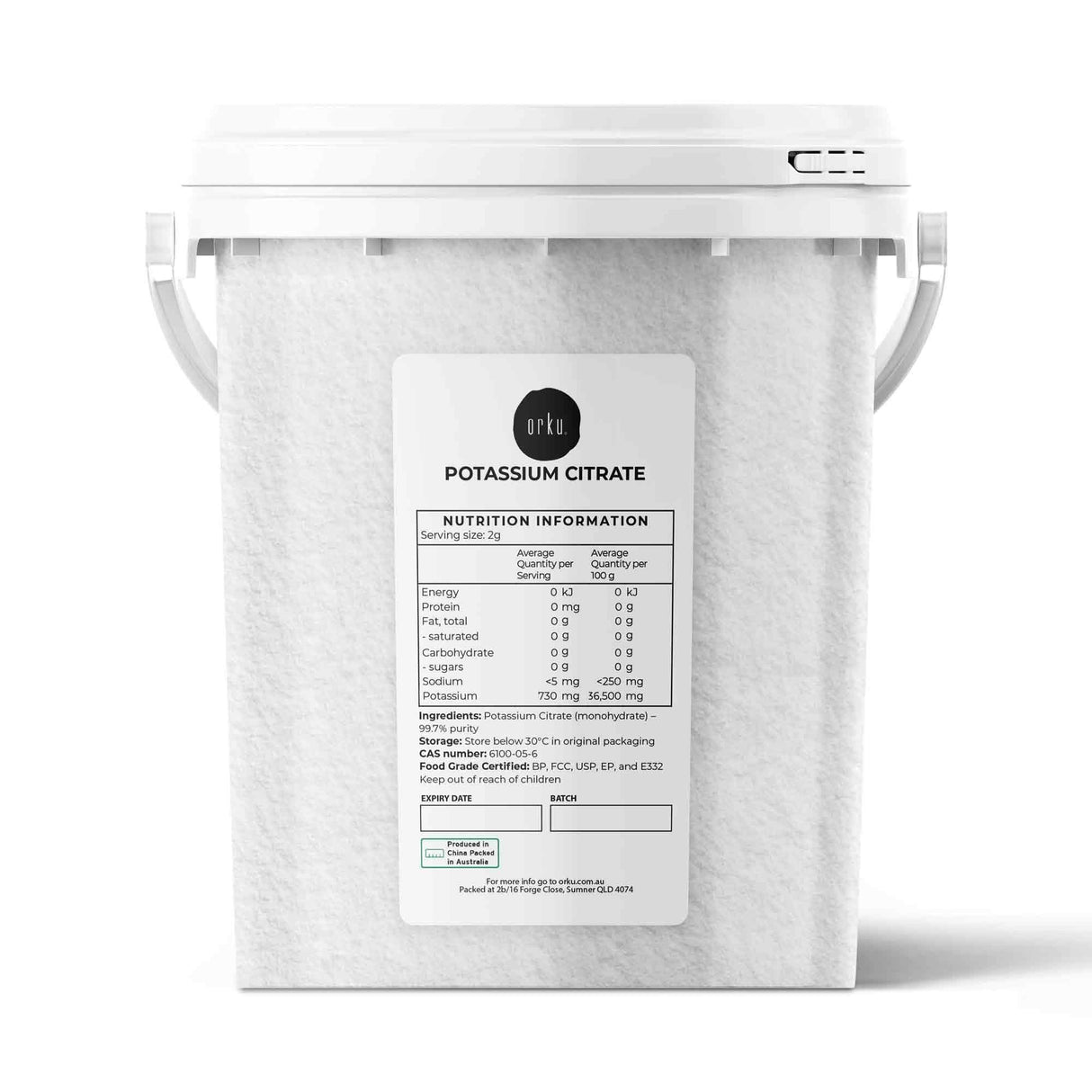 Orku 1.3Kg Potassium Citrate Food Grade Tub - Granular BP USP FCC E332 Additive