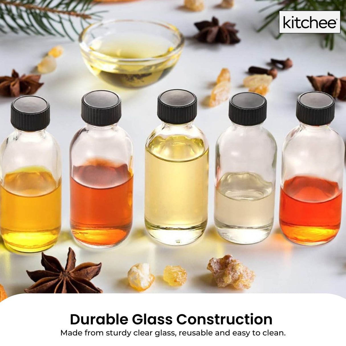 Kitchee 12x 60ml Small Glass Bottles + Lids Funnels Brush Labels Pen