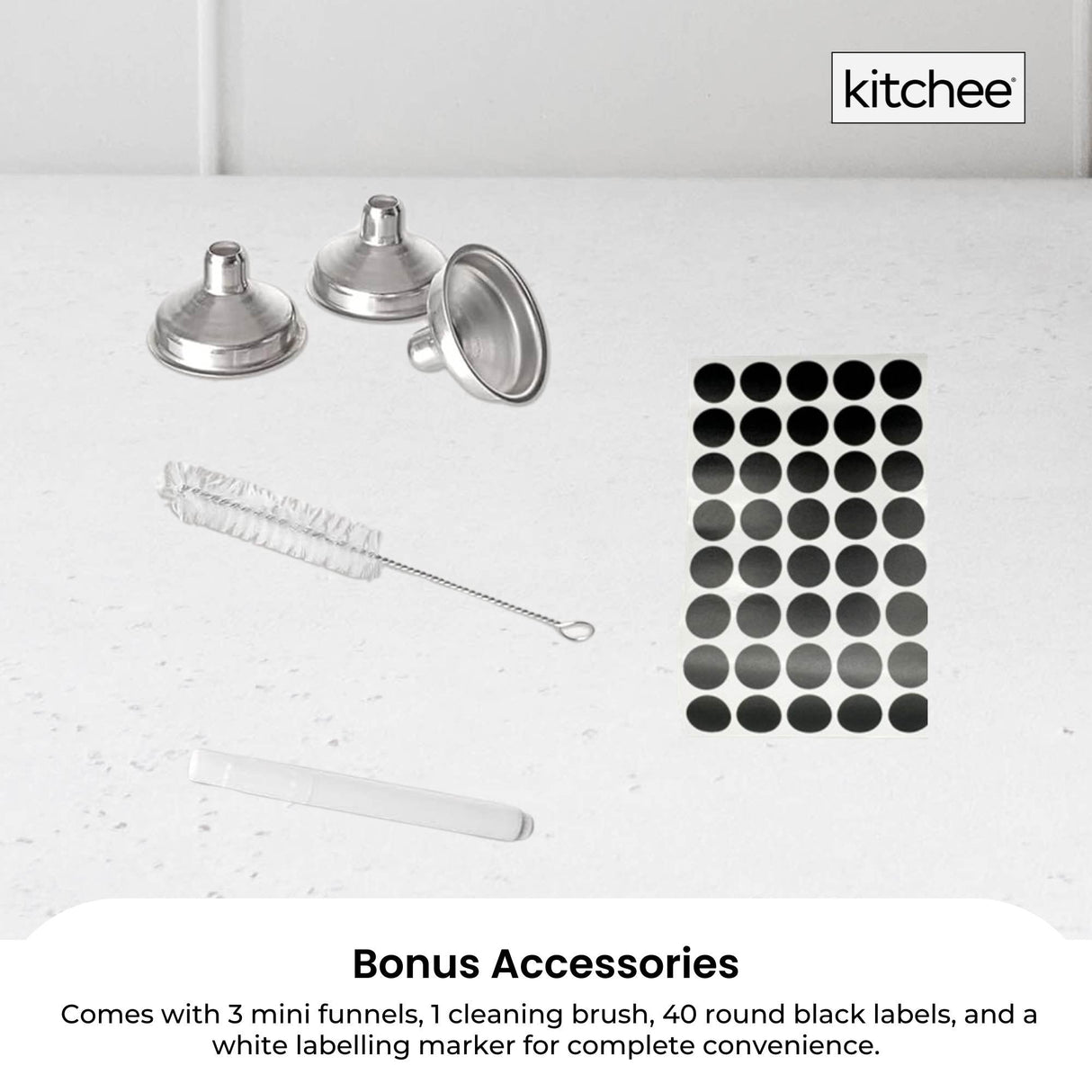Kitchee 12x 60ml Small Glass Bottles + Lids Funnels Brush Labels Pen