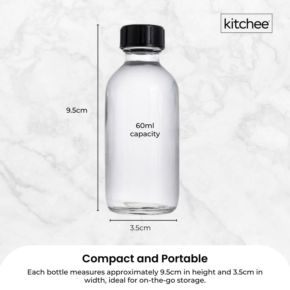 Kitchee 12x 60ml Small Glass Bottles + Lids Funnels Brush Labels Pen