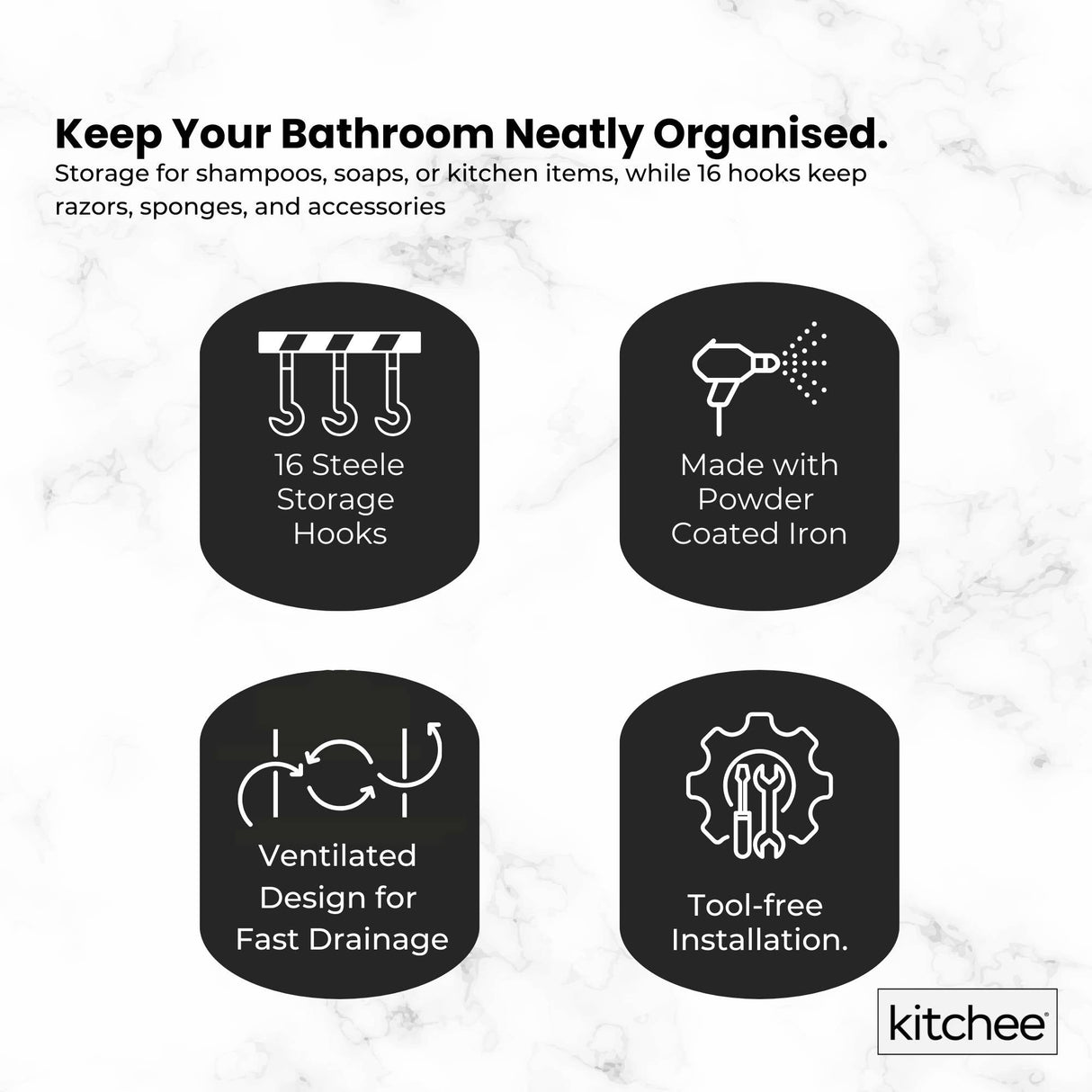Kitchee 3 Tier Shower Caddy Over Door Bathroom Hanging Shelf Storage Rack Black