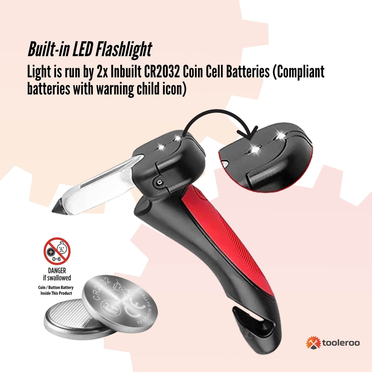 1x Car Cane Door Handle - Portable Elderly Standing Aid LED Flashlight Hammer Tool