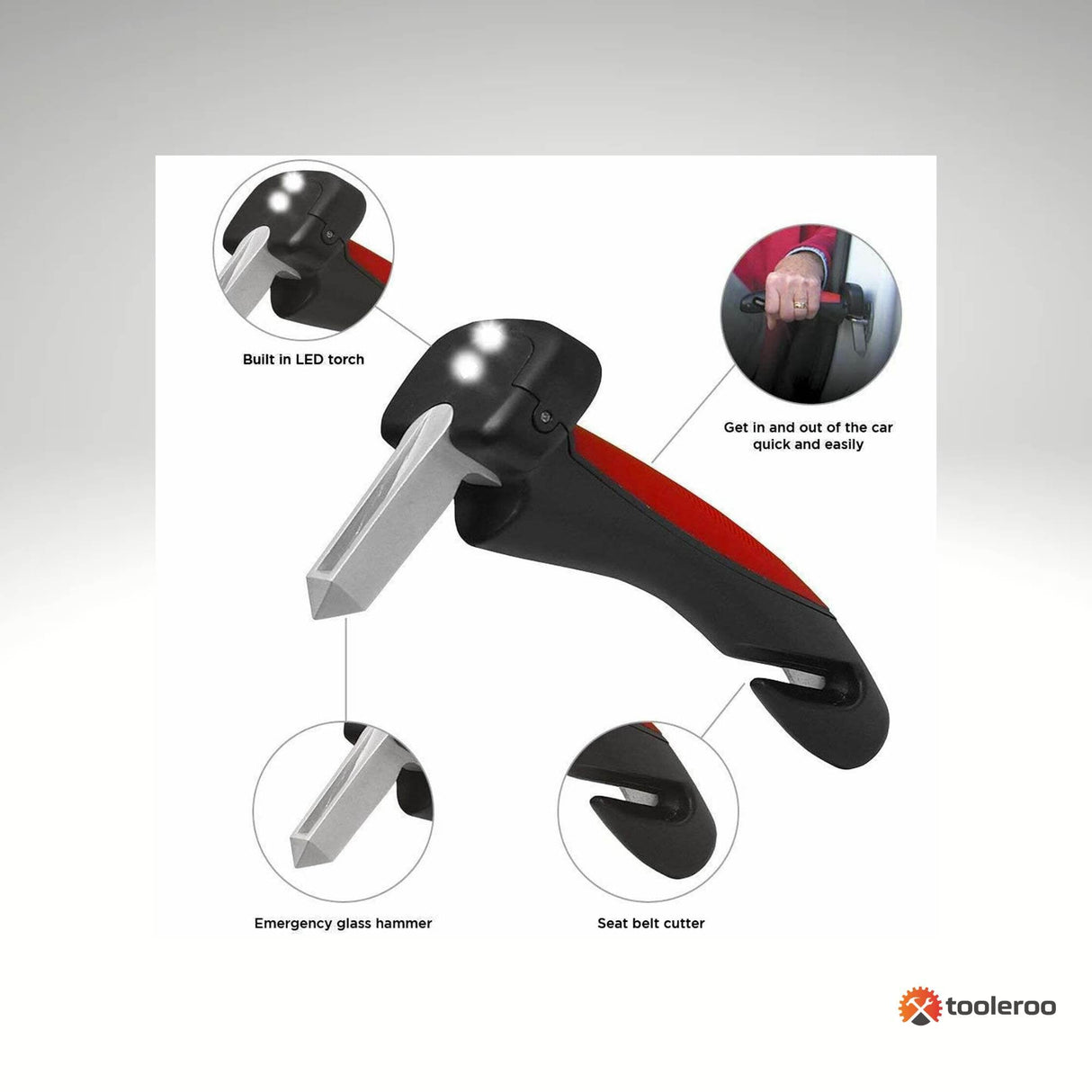 Tooleroo 1x Car Cane Door Handle - Portable Elderly Stand Aid LED light Hammer