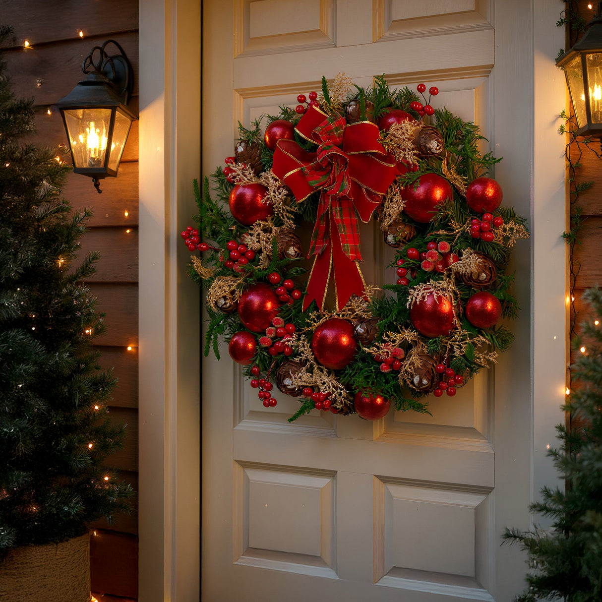 Christabelle 56cm Christmas Wreath Lush Green Holiday Door Wreath with Red Berries, Baubles & Pine Cones Pre-Decorated Festive Wall or Front Door Decoration