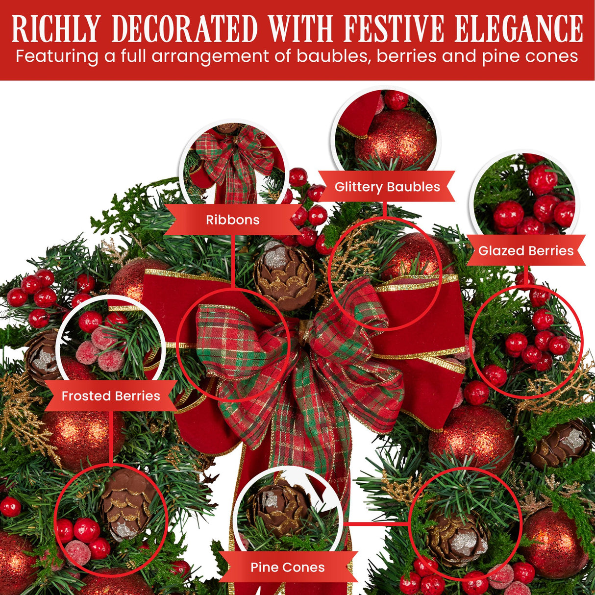 Christabelle Stunning 71cm Christmas Wreath Lush Red Baubles Berries Pine Cones and Bow Front Door Decoration