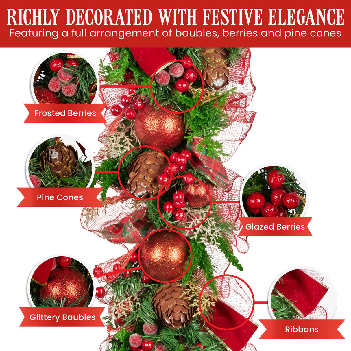 Christabelle 1m Christmas Garland with Red Berries & Pine Cones Baubles Berries Tree Decoration Ornament Red Green