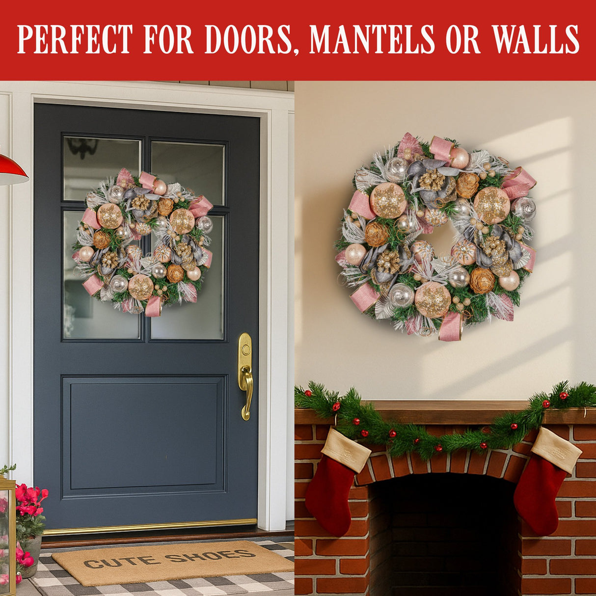 Christabelle 56cm Christmas Wreath Lush Pink Front Door Decoration Jewelled Baubles Flowers Pine Cones Ribbons Ornaments