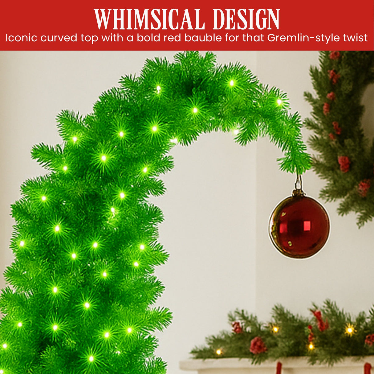 Christabelle 4ft Christmas Gremlin Tree Curved Top Red Bauble Built In Green & White LED Lights Foot Pedal Control