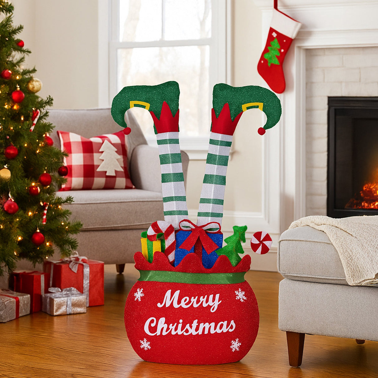 Christabelle Elf in Gift Sack Christmas Display Warm White LED Lights 86cm for Decoration w/Wire Frame Construction