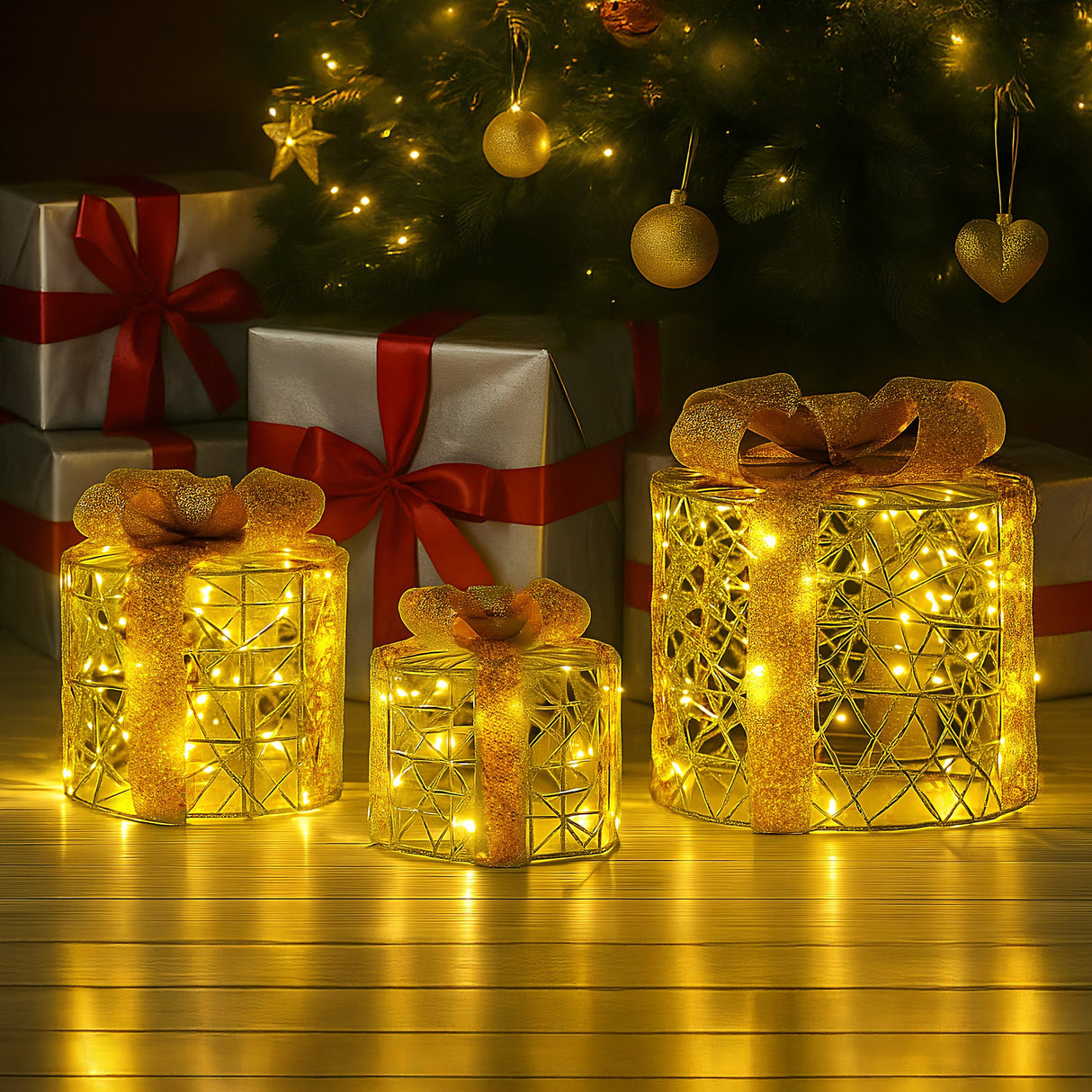 Christabelle Set of 3 Christmas Gift Box Display Gold with LED Lights and Bows Decoration Ornament Present