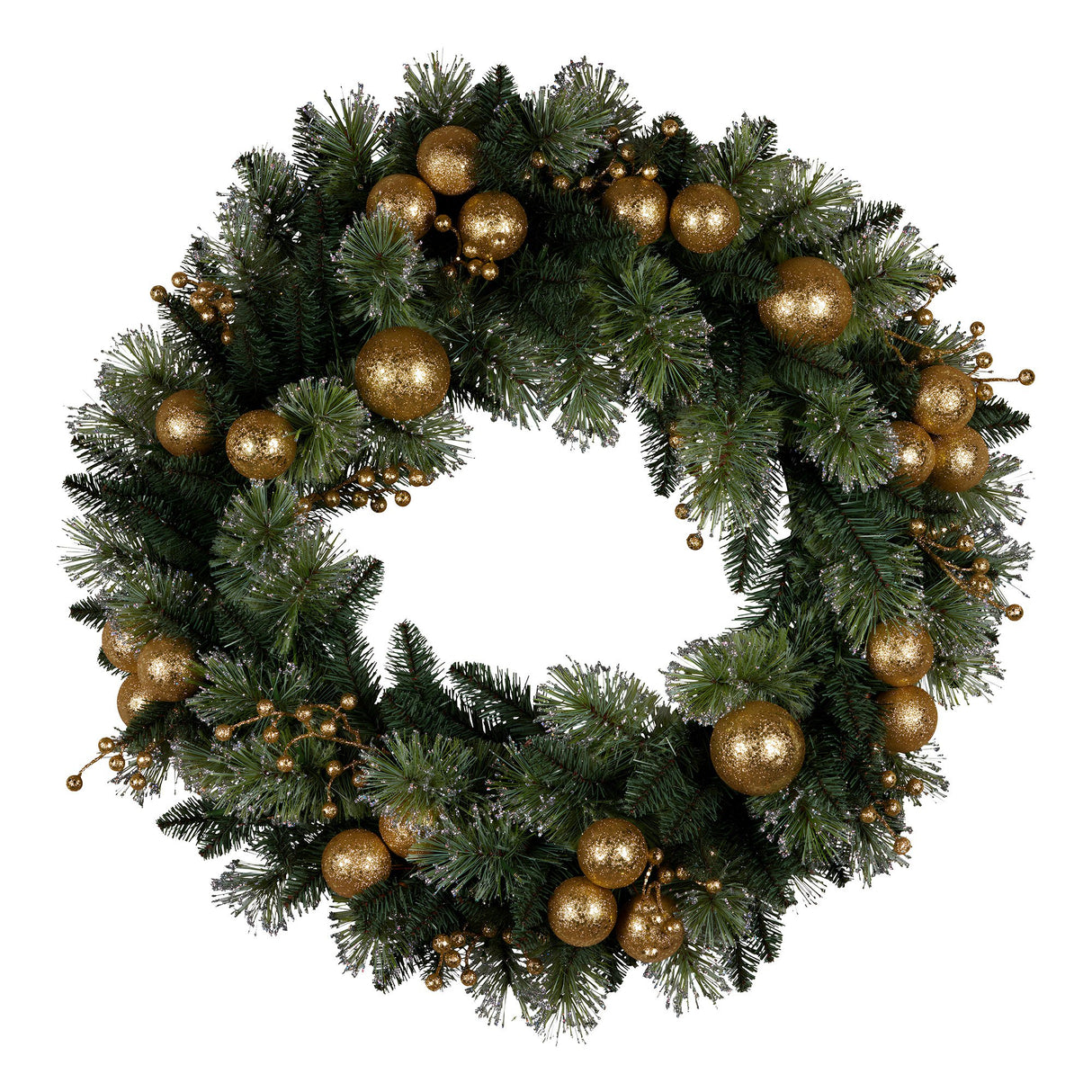 Christabelle 61cm Christmas Wreath Glittery Tipped with LED Lights and Golden Baubles Front Door Decoration Ornament
