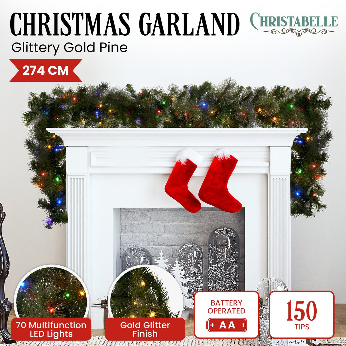 Christabelle 2.7m Christmas Garland with LED Lights Glittery Gold Pine Mantle Decoration Ornament