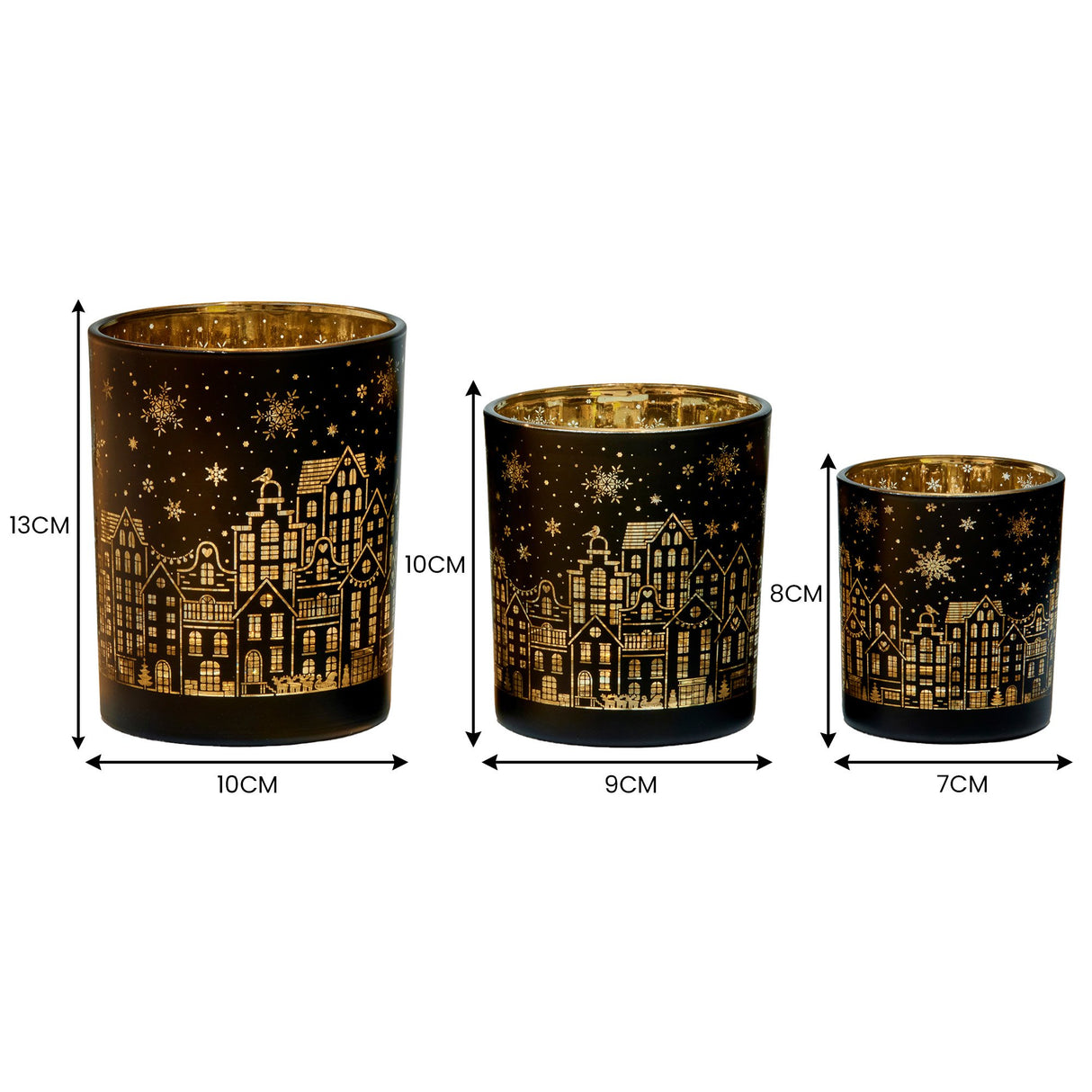 Christabelle Christmas Candle Jar Set Of 3 Black And Gold Holiday Candle Holders