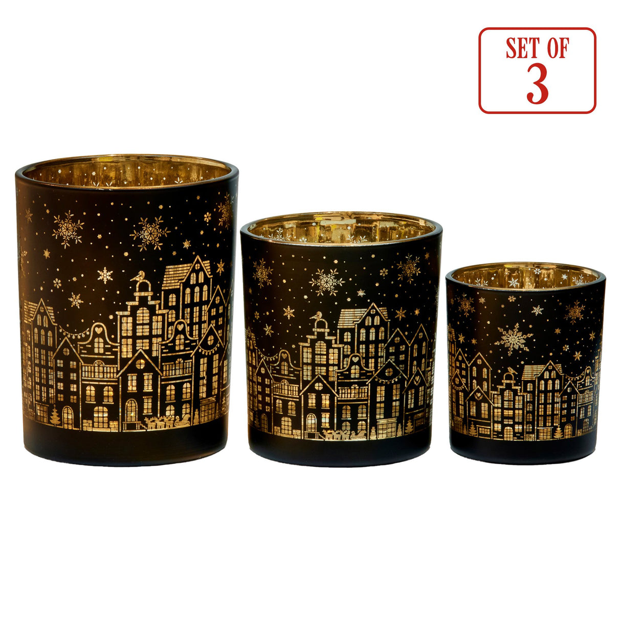 Christabelle Christmas Candle Jar Set Of 3 Black And Gold Holiday Candle Holders