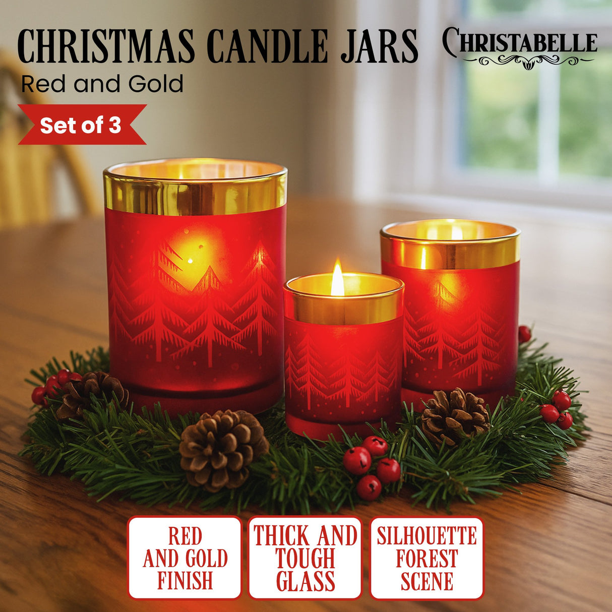 Christabelle Christmas Candle Jar Set Of 3 Red And Gold Holiday Candle Holders