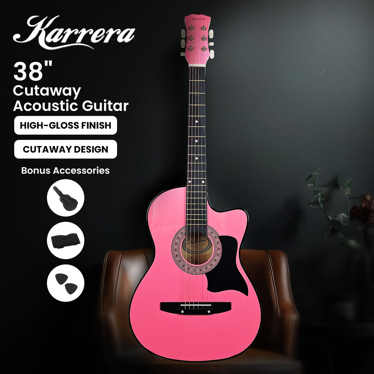 Karrera 38-Inch Cutaway Pink Acoustic Guitar Set with Bag