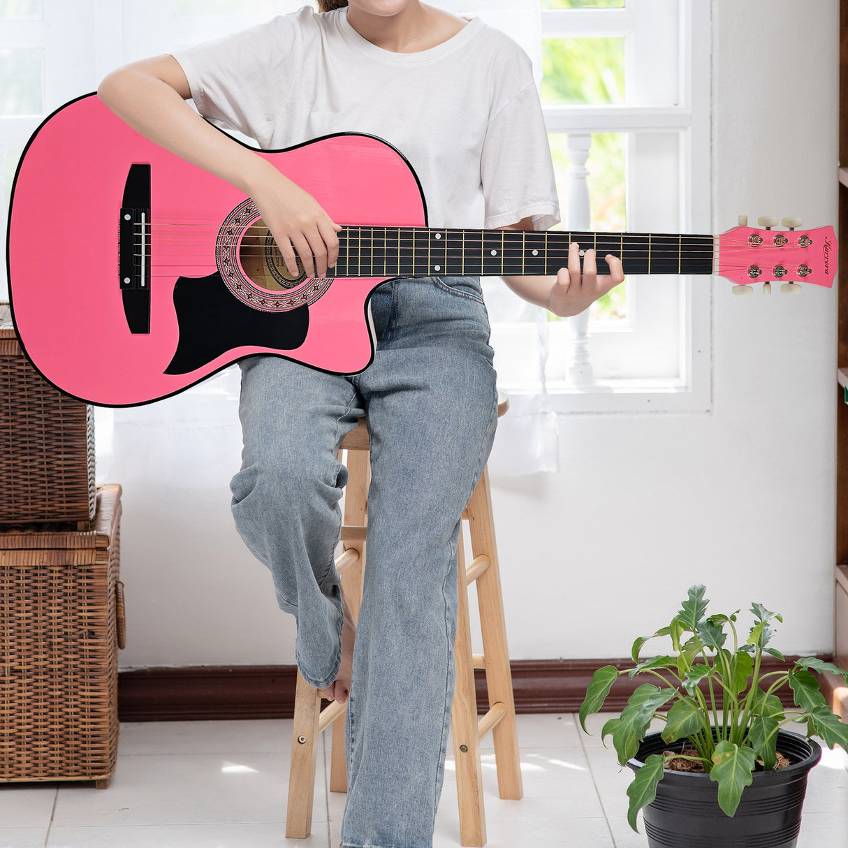 Karrera 38-Inch Cutaway Pink Acoustic Guitar Set with Bag