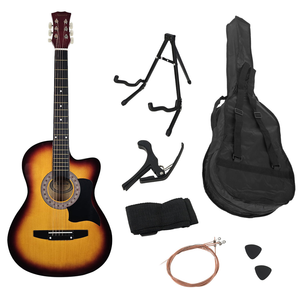 Karrera 38in Cutaway Acoustic Guitar Starter Kit with Bag and Accessories - Sunburst Finish