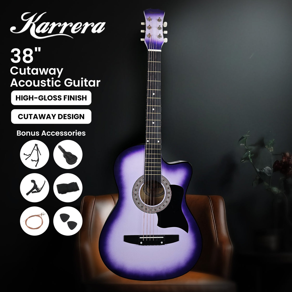 Karrera 38in Cutaway Acoustic Guitar Bundle with Accessories - Purple Burst