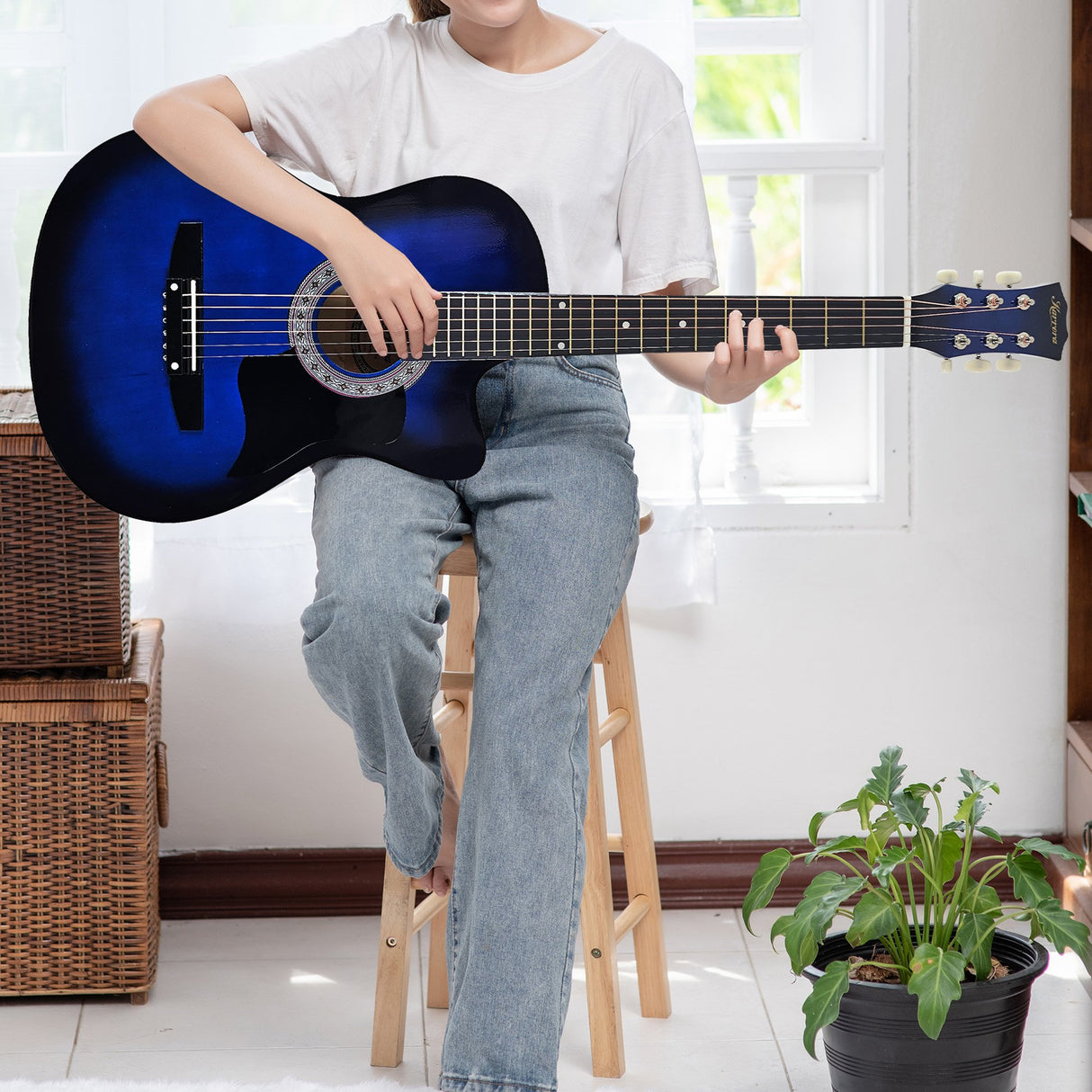 Karrera 38-Inch Blue Burst Cutaway Acoustic Guitar Set with Bag and Accessories