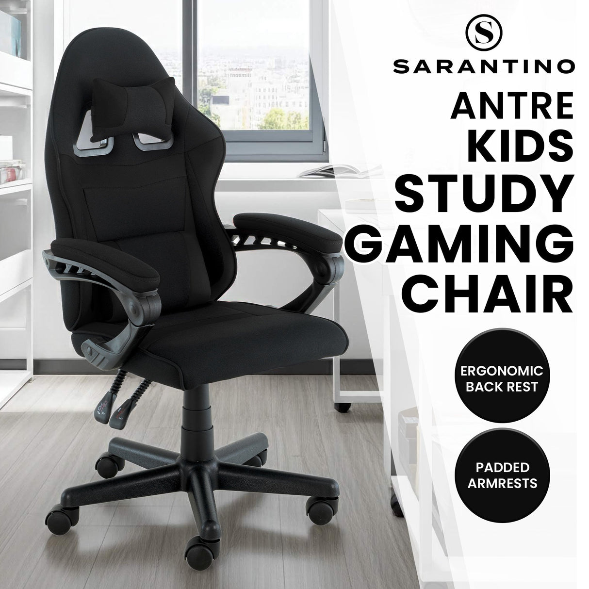 Sarantino Antre Kids Study Gaming Chair Black Adjustable Computer Desk Seat Racing Inspired-look With Adjustable Height Ergonomic Back Support Padded Armrests