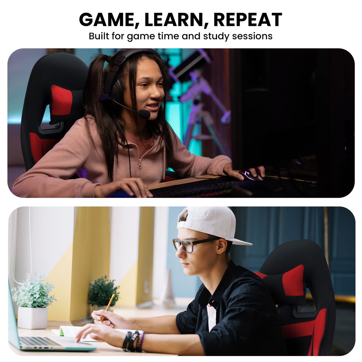 Sarantino Antre Kids Study Gaming Chair Black Red Computer Desk Seat Adjustable Height Ergonomic Back Support Padded Armrests