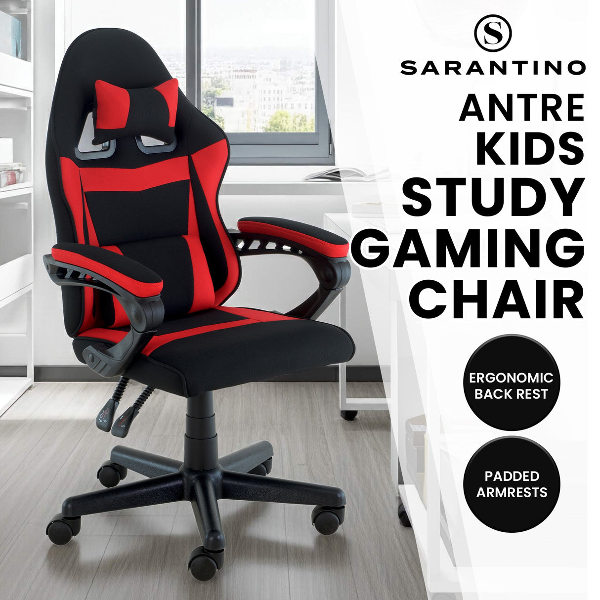 Sarantino Antre Kids Study Gaming Chair Black Red Computer Desk Seat Adjustable Height Ergonomic Back Support Padded Armrests
