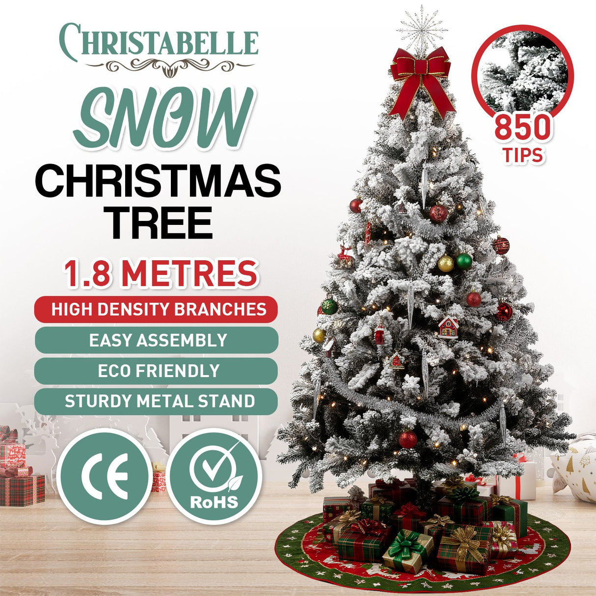 Snowy Elegance 1.8m Artificial Christmas Tree with 850 Tips