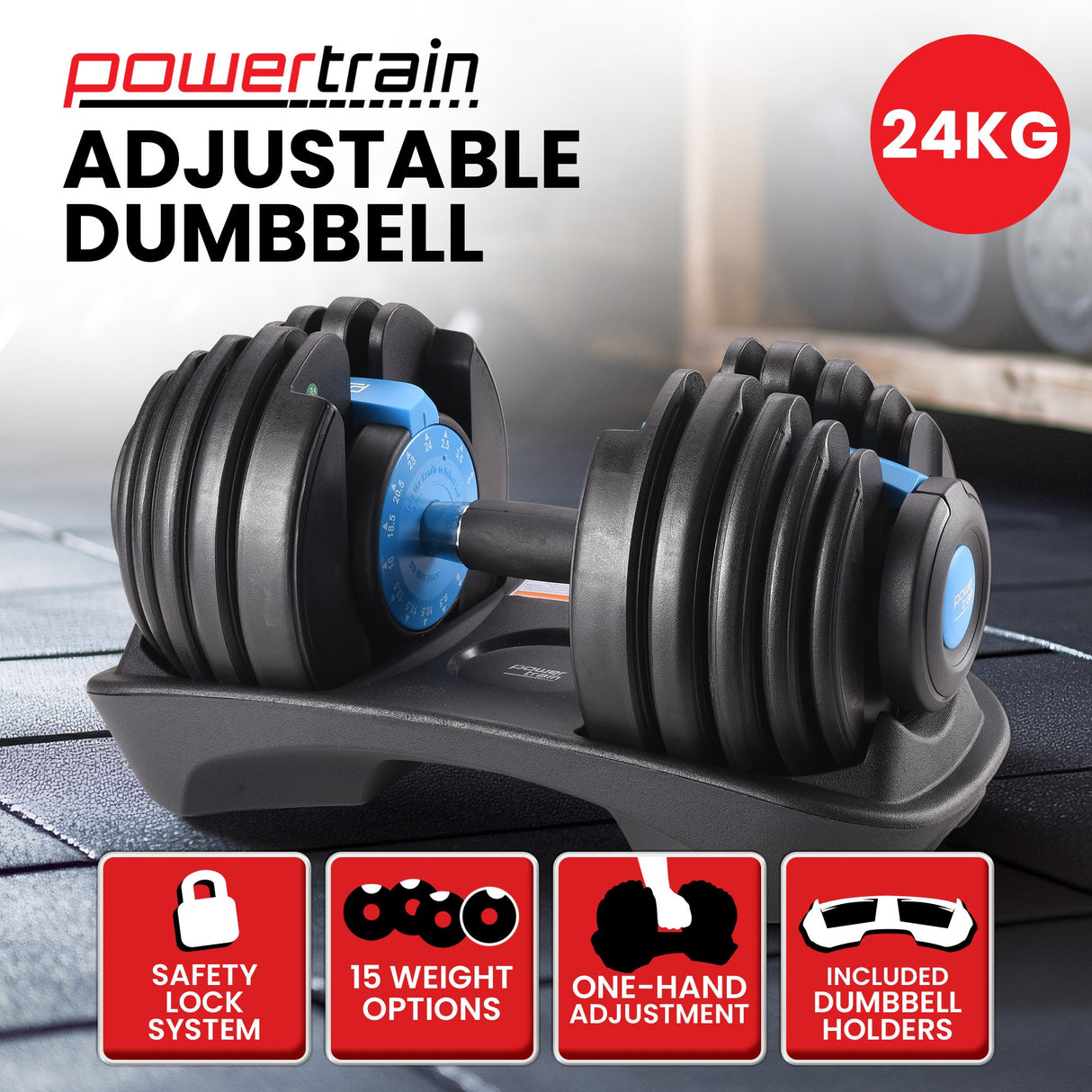 Powertrain 24KG Adjustable Home Gym Dumbbell - Blue