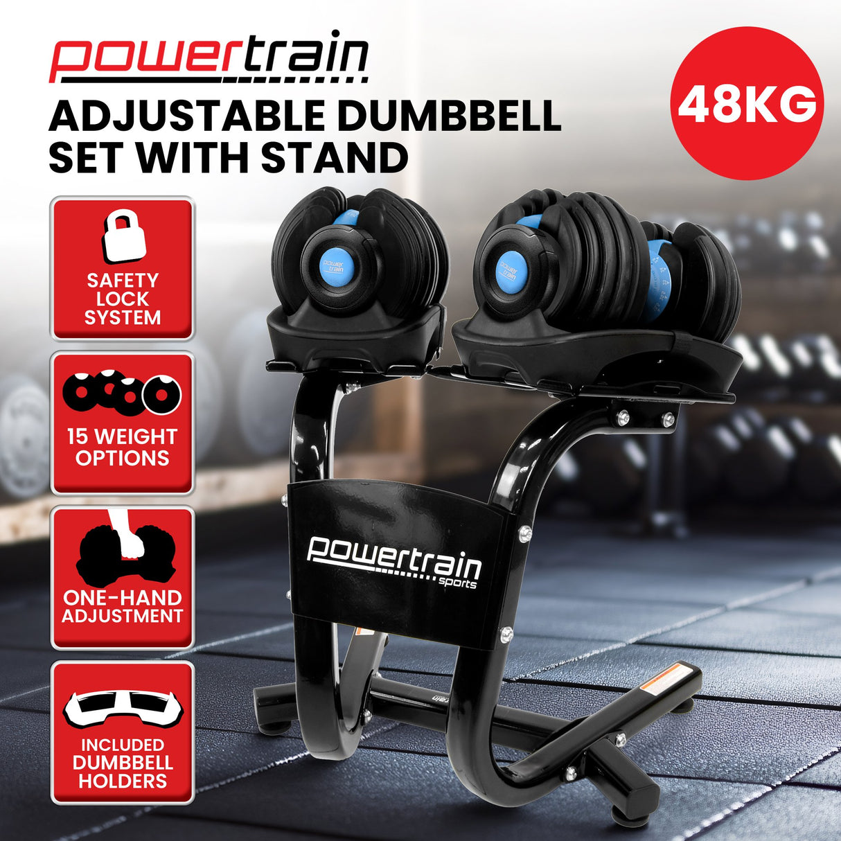 Powertrain 48KG Adjustable Dumbbell Set With Stand Blue