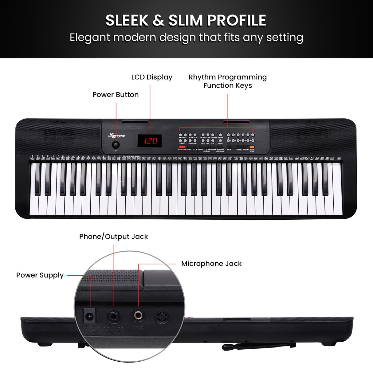 Karrera 61-Key Electronic Piano Keyboard with LED and Folding Stand in Black CHJ-SD1