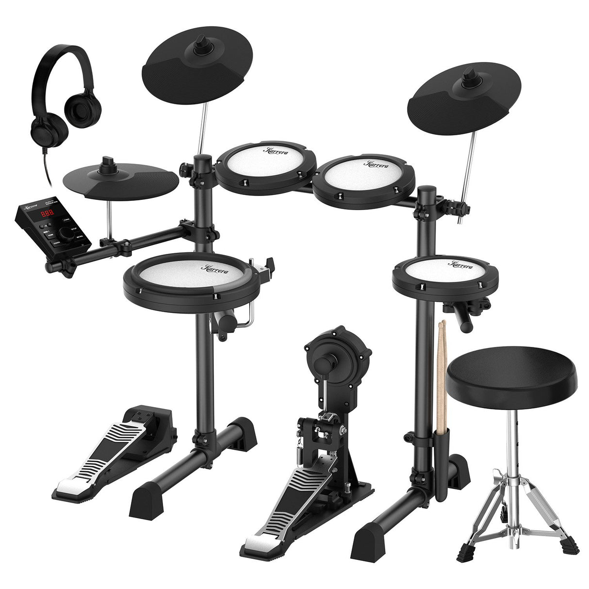Karrera 18S Electronic Drum Kit Mesh Pads 8in Snare Bluetooth Sounds USB/MIDI Output Kick Pedals Drum Coach & Metronome