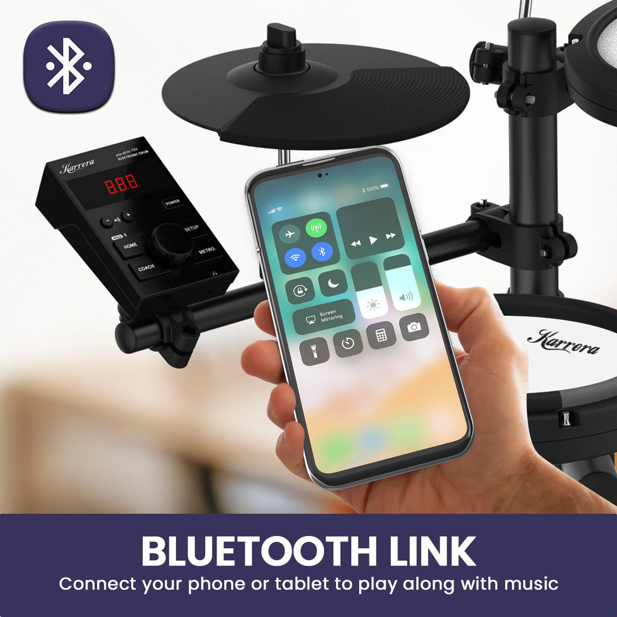 Karrera 18S Electronic Drum Kit Mesh Pads 8in Snare Bluetooth Sounds USB/MIDI Output Kick Pedals Drum Coach & Metronome