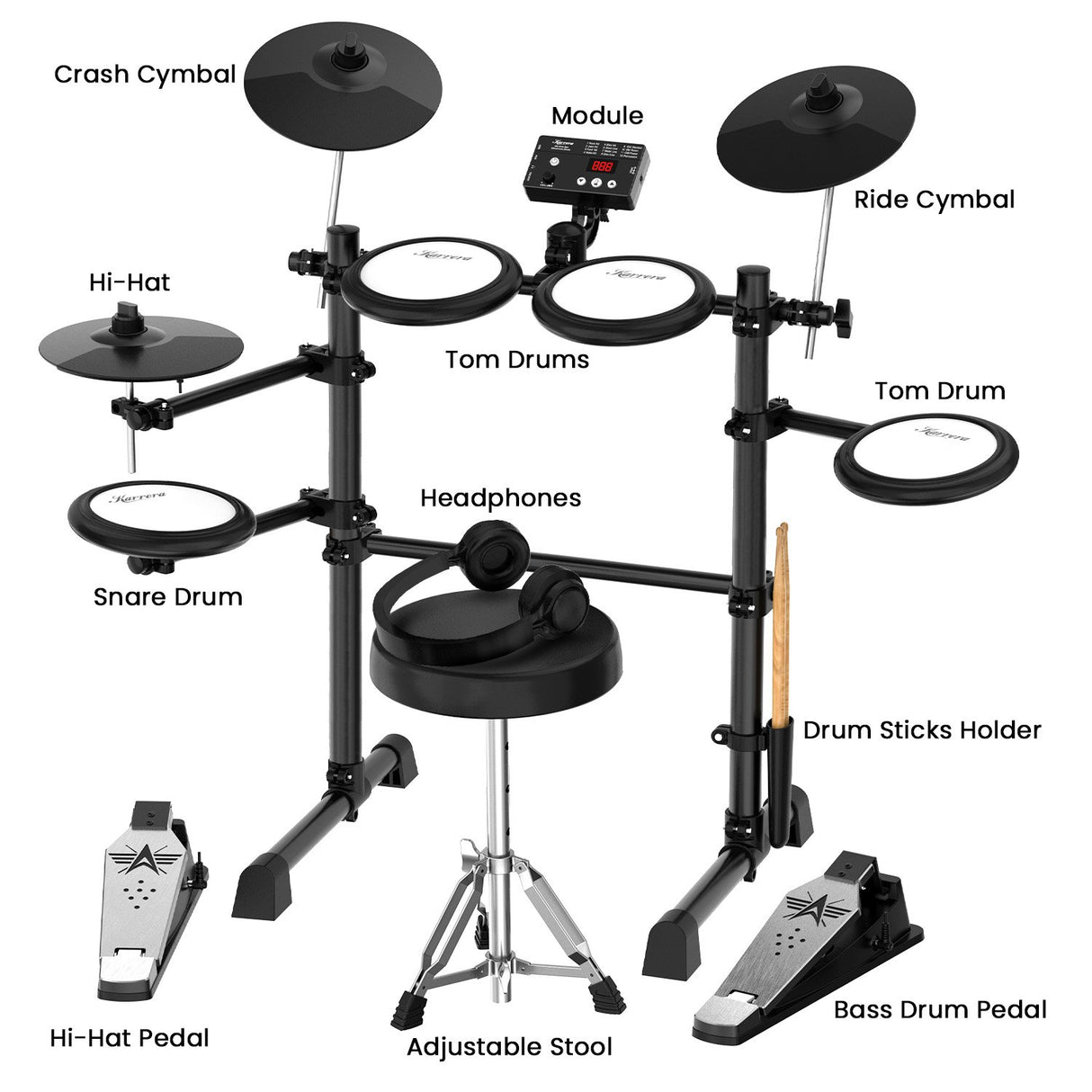 Karrera TDX-16 Electronic Drum Kit with LCD, Toms, Snares Quiet Mesh Pads & Pedals, Adjustable Stool, Headphones