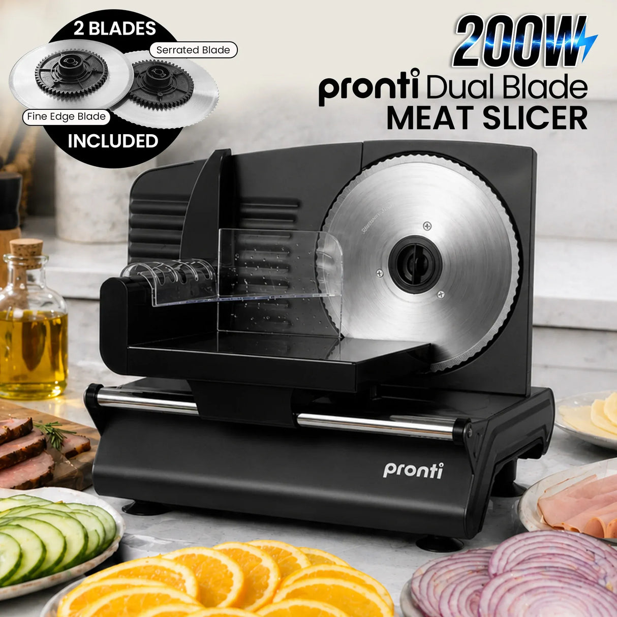 Pronti Electric Deli and Food Slicer with Adjustable Thickness - Black