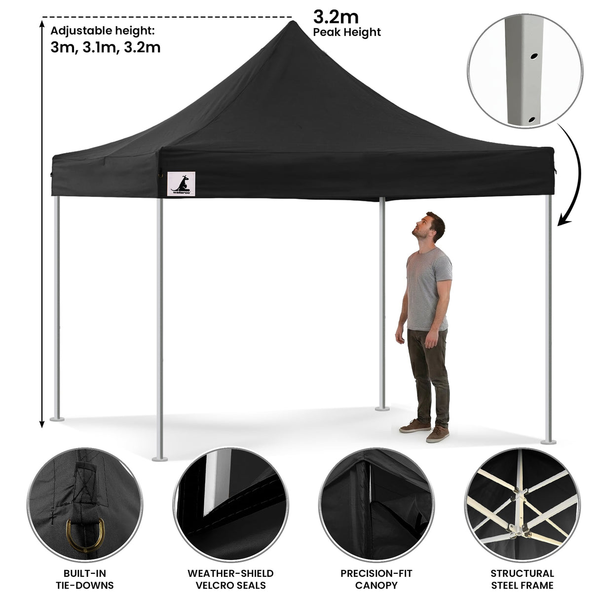 Wallaroo Gazebo Tent Marquee 3x3 PopUp Outdoor Black